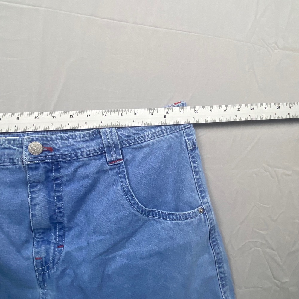 A-Lab Womens Y2K Denim Shorts Size 38 Blue Raw Hem Rave Skater Graphic Patch - Picture 6 of 14